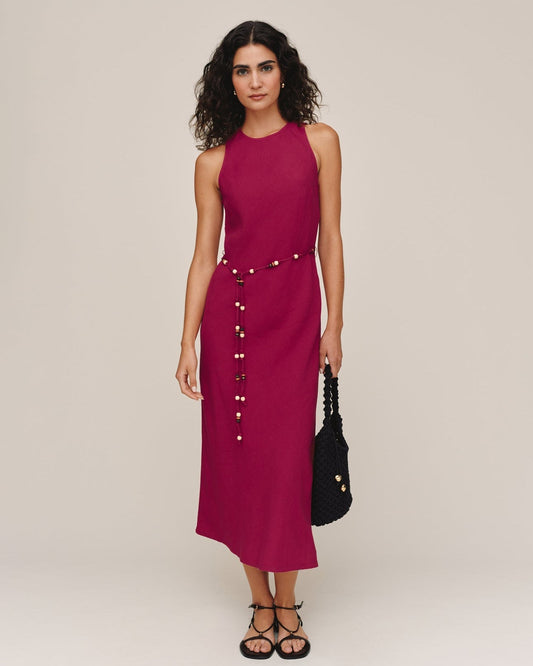 Bias Midi Dress With Beaded Belt - Sangria