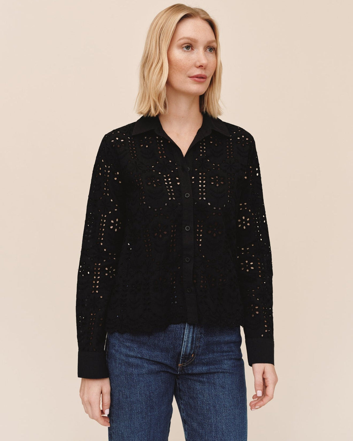 Open Embroidery Contrast Shirt - Black