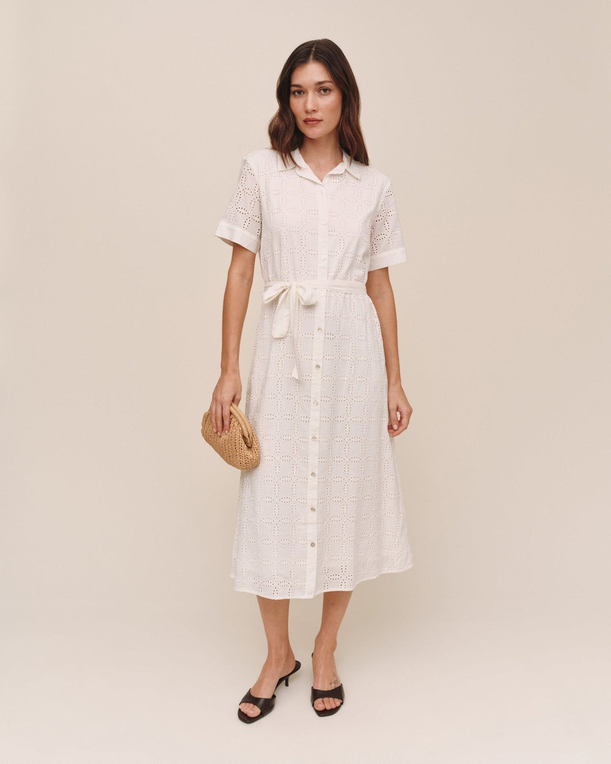 Short Sleeve Midi Shirt Dress - Ivory