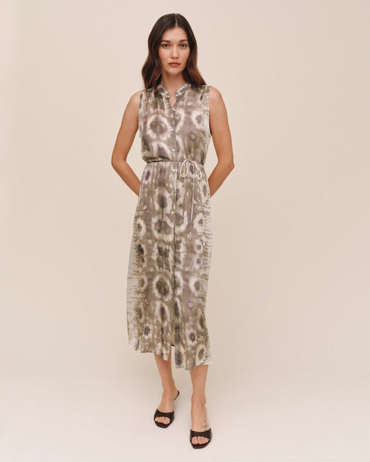 Sleeveless Belted Midi Dress - Sage Snake Print